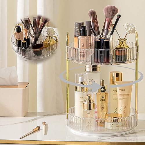 shuang qing Rotating Makeup Organizer for Vanity, High-Capacity Skincare Clear Make Up Storage Perfume Organizers Cosmetic Dresser Organizer Countertop 360 Spinning (Clear, New-2 Tier)