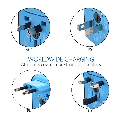 Travel Adapter, Universal Travel Power Adapters with 1 Type C, 3 USB Charging Ports and EU UK AUS US Plug All in One Wall Charger, 100-240V Worldwide Voltage Travel Plugs Converter (Blue)