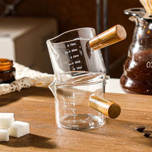 2PCS Taza Medidora Espresso, 15ml-75ml Taza de Café Medidoras Mango de Madera Tazas Medidoras Con Escala Vaso de,Adecuado para el Hogar, la Empresa y el Camping Espresso Cup.
