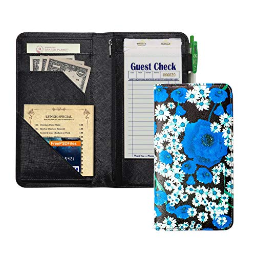 Server Book with Zipper Pocket, 5x9 Waitress Book with Money Pocket, Magnetic Closure Pocket for High Volume, Restaurant Waitstaff Organizer Fit Waitress Apron (Blue Flower)