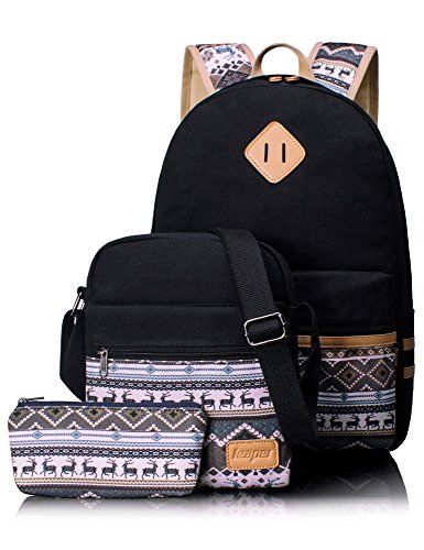 Leaper Causal Style Lightweight Canvas Laptop Bag School Backpack + Shoulder Bag + Purse Pen case (Large, Black, 3pcs)