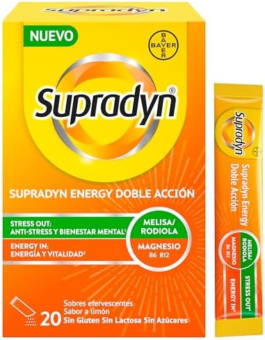 Energy Doble Acción Stress Out - Multivitamínico con Magnesio, Vitaminas B6, B12, Ácido Fólico, Rhodiola y Melisa - Anti-estrés, Energía, Memoria, 20 Sobres Limón
