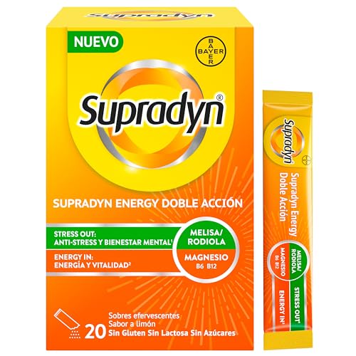 Energy Doble Acción Stress Out - Multivitamínico con Magnesio, Vitaminas B6, B12, Ácido Fólico, Rhodiola y Melisa - Anti-estrés, Energía, Memoria, 20 Sobres Limón
