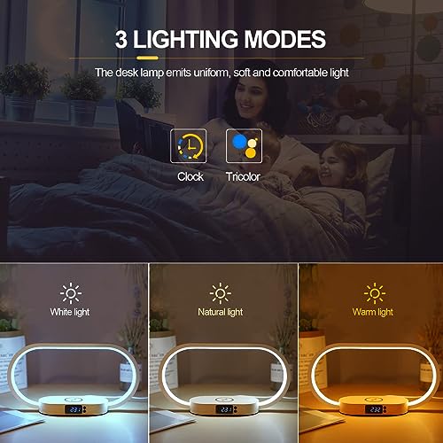 TERRIFI Bedside Lamp with Wireless Charger, LED Desk Lamp with USB Port, Touch Control Table Lamp with Clock, Ideal for Bedroom Nightstand, Dimmable & 3 Colors Temperatures, Modern Home Office Decor