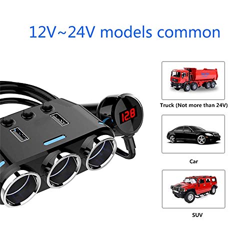 ODOMY 12V/24V Car Cigarette Lighter Adapter 100W 3 Socket Splitter with Dual USB Ports LED Voltage Monitor On/Off Switch for Phone GPS Dashcam Radar Detector