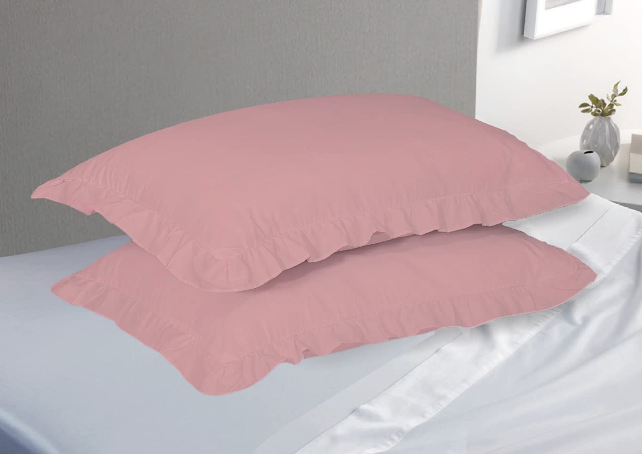 Luxury Frilled Pillow Cases Pair Decorative Ruffle Edge Pillowcase 2 Pack (Pink)