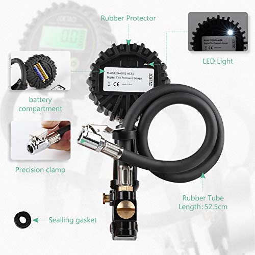 LOETAD Digital Tire Inflator with Pressure Gauge 200PSI Tire Pressure Gauge Inflator Deflator Compressor Accessories with 90° Valve Extender 360° Rubber Hose LCD - Thumbnail 6