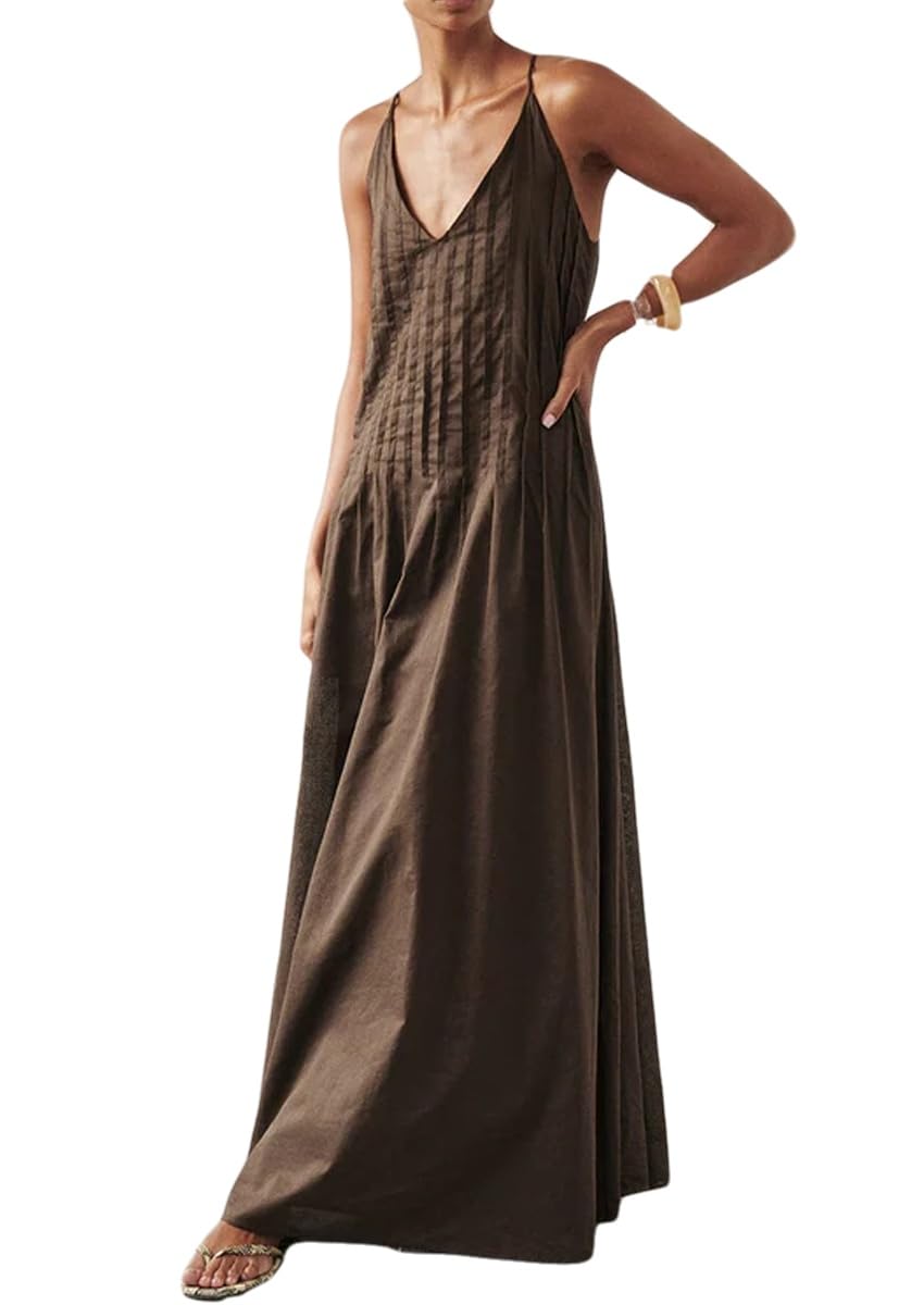 Photo 1 of Anoumcy Summer Spaghetti Strap Tuck Maxi Dresses for Women 2025 Vacation V Neck Sleeveless Beach Long Boho Sundress Brown XS