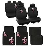 BDK 13 Piece Pink Hearts Design Complete Set - 9 Piece Seat Covers and 4 Piece Carpet Mats - Premium Design