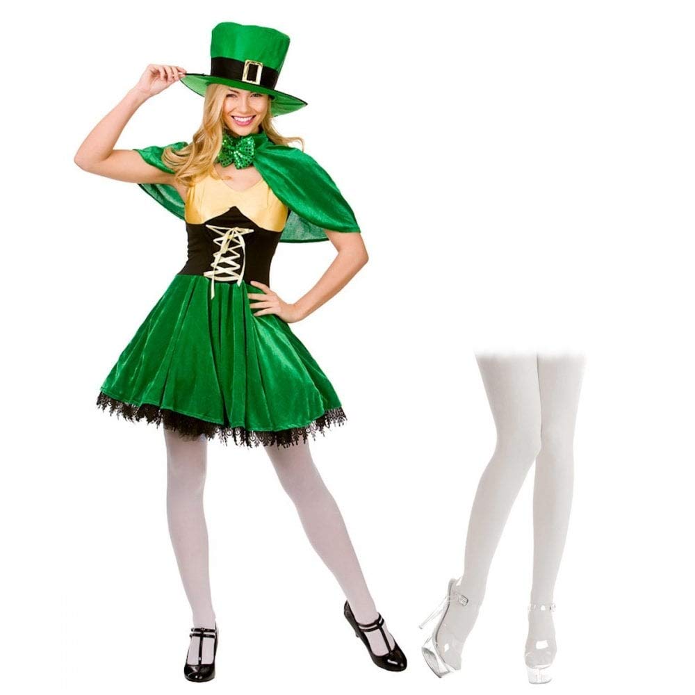 A2ZFD Adult Ladies Lucky Leprechaun Fancy Dress Costume + Tights or Thigh High Stockings - St Patricks Irish Party (Large: UK 18-22, White Tights)