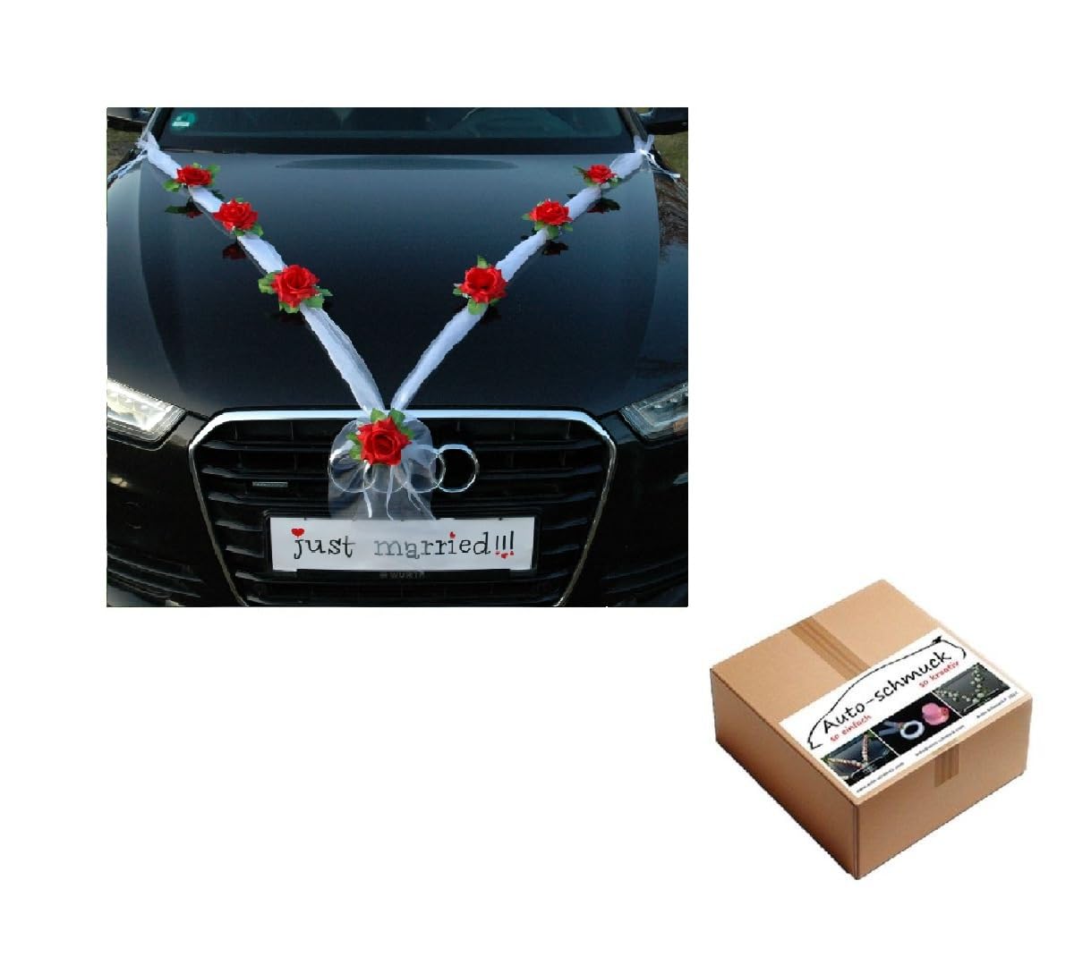 Organza M Auto Schmuck Braut Paar Rose Deko Dekoration Hochzeit Car Auto Wedding Deko Girlande PKW (Rot/WeiÃŸ) — image 1