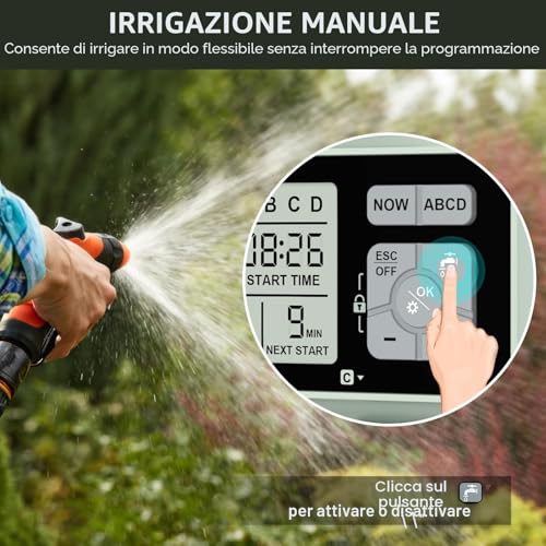 Johgee Watering Programmer, 4 Outlets with Brass Inlets, Digital Water Timer with Rain Delay, Automatic/Manual Watering Control for Garden Lawn