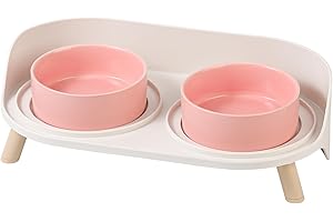 AHX Elevated Ceramic Cat Bowl Set - Raised Double Dishes for Food & Water - Non-Slip Stand & Splash Proof - for Cats & Puppies - 2 x 480 ML - 16.23 OZ