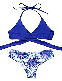 MOSHENGQI bikini de 2 piezas con parte inferior floral, parte delantera cruzada, push up