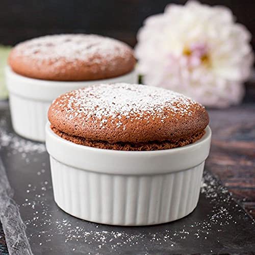 7oz Ramekin Set of 6 Rollin Porcelain Souffle Dishes Round Classic Style Creme Brulee Set Professional Grade Ramekins Oven Safe For Baking Desserts, Souffle, Custard, Pudding, Creme Brulee, Ice Cream