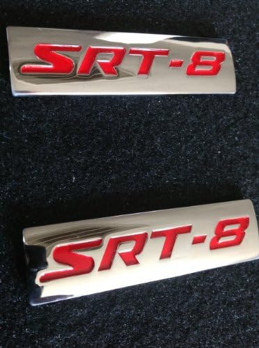 Srt8 Emblems (Set of 2) Chrome and Red Lettering Easy Install Self Adhesive Charger Challenger Jeep Chrysler Dodge Magnum 300c