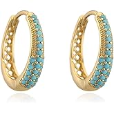 14k Gold Turquoise CZ Hoop Earrings for Women Dainty Sparkling Crystal Cubic Zirconia Oval Statement Huggie Hoops Hypoallergenic Lightweight Fashion Trendy Jewelry