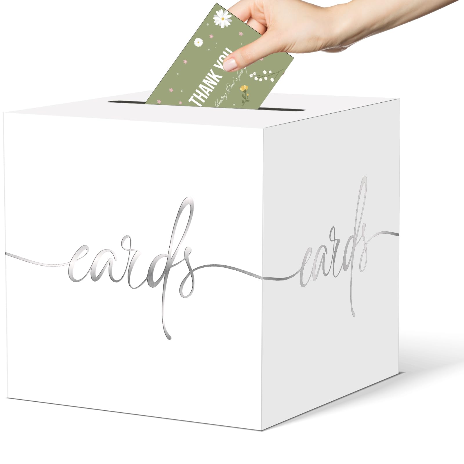 CINSOEN 2 Pack White Card Box with Silver Foil Design, Paperboard 8.7" Card Box for Birthday Wedding Party Graduation Retirement Anniversary Valentine's Day & Baby Showers, Raffle or Money Box