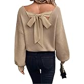 Chvity Women Sexy Backless Bow Tied Long Lantern Sleeve Pullover Sweaters Fall Winter Trendy Clothes