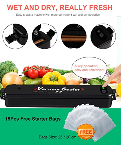 Food Vacuum Sealer, KINGBERWI Kitchen Automatic & Quick Vacuum Sealing Machine with 15Pcs Free Bags for Nuts Dry Wet Food Preservation Saver and Jewelry Storage/Starter Kit (Black) - Thumbnail 2