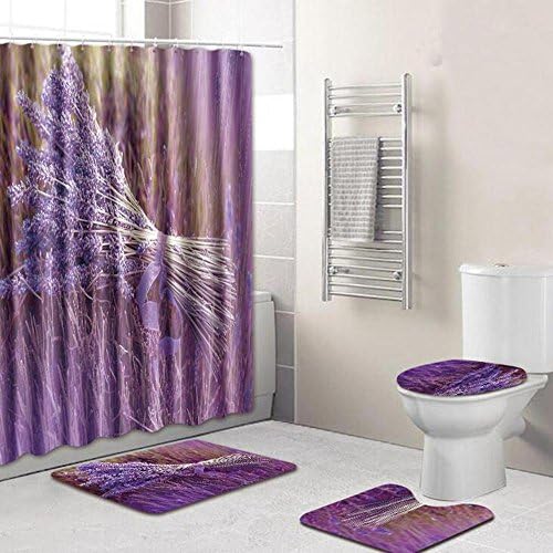 ZDDT 4 Piece Bath Set: Shower Curtain and 3 Mats ((Bathroom Mat+ Pedestal Rug + Toilet Seat Cover) 100% Microfiber Cotton