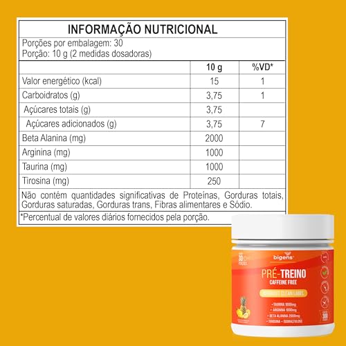 Pré Treino Bigens, Sem Cafeína, Adoçantes e Corantes Naturais, 300g (Unidade, Frutas Amarelas)