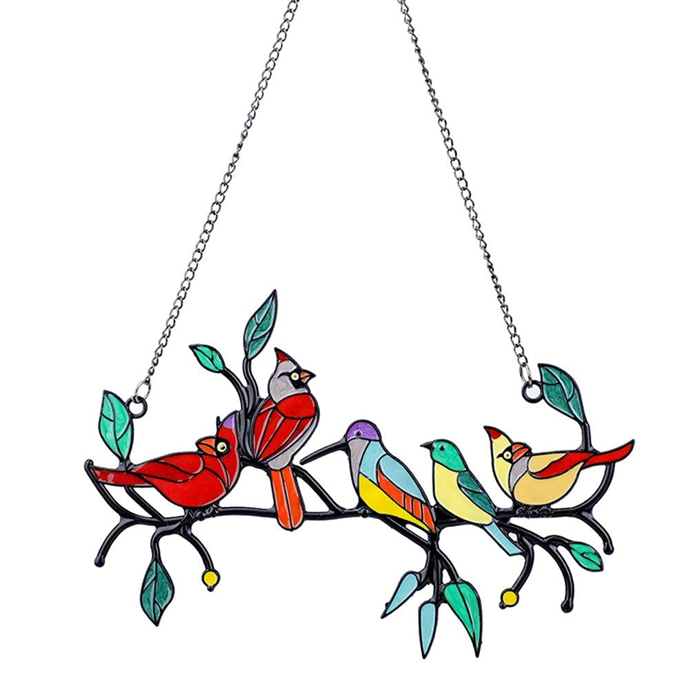 J-ouuo Multicolor Birds on a Wire High Stained Glass Suncatcher Window Panel Decor, Birds Stained Suncatcher Hanging Ornaments Home Window Decoration
