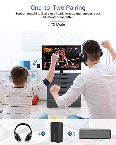 EUASOO Bluetooth 5.0 Transmitter Receiver, 2-in-1 Wireless Adapter with 3.5mm AUX Stereo Output (AptX Low Latency, Pair with 2 Bluetooth Devices Simultaneously) for PC/TV/Home Sound System, Black