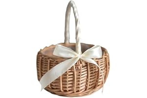 Vctitil Wicker Rattan Flower Basket,Wedding Flower Girl Basket Hand Woven Flower Basket Decoration,Candy Storage Basket Home Decoration(L,white)