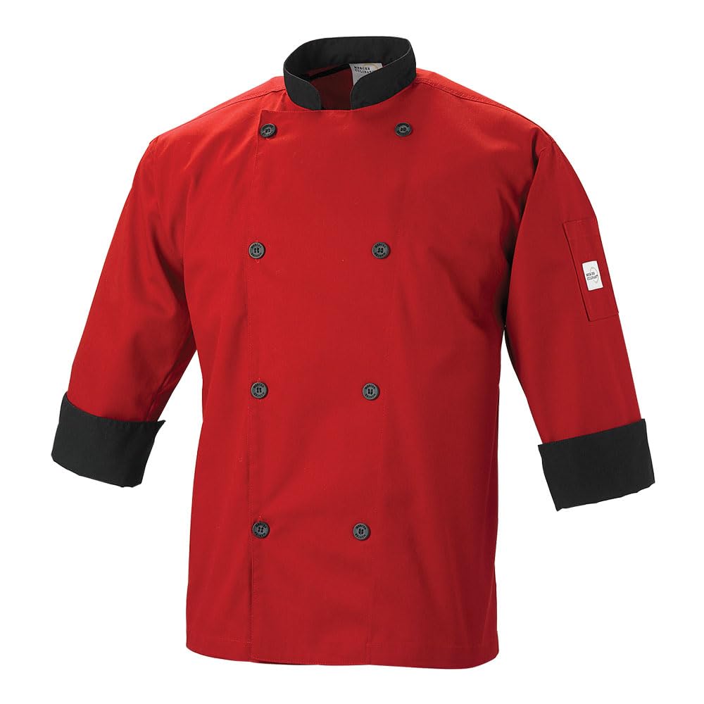 Photo 1 of Mercer Culinary M60018RDBL Millennia 3/4 Sleeve Men's Cook Jacket, Red with Black Accents, Large