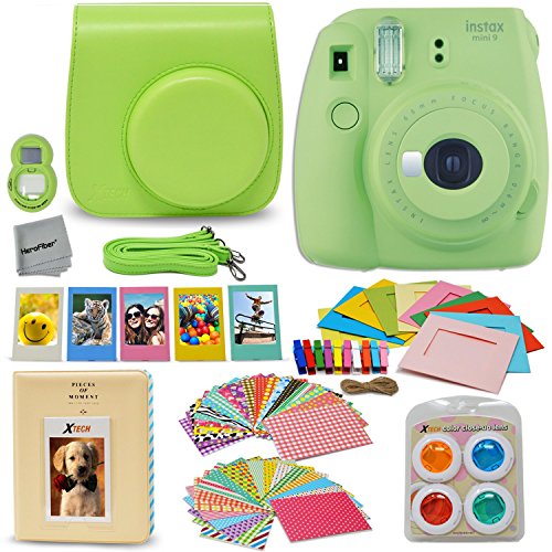 Fujifilm Instax Mini 9 Instant Camera LIME GREEN (NEW 2017 Release) + Accessories Kit / Bundle Includes: Mini 9 Case with Strap + Photo Album + Frames + 4 Color Filters + Large Selfie Mirror + MORE