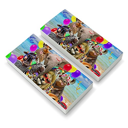 Africa Animal Beach Party Selfie Lion Giraffe Zebra Wildebeest Rhino Eraser Set of 2