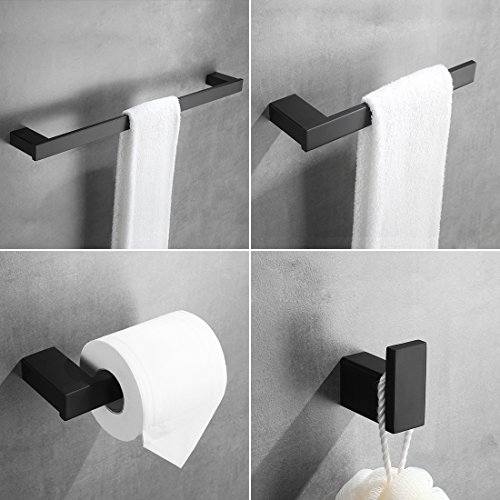 4-Piece Bathroom Hardware Set - Towel Bar Accessory Set Towel Hook Toilet Paper Holder Towel Ring Stainless Steel Wall Mounted, Black Painted