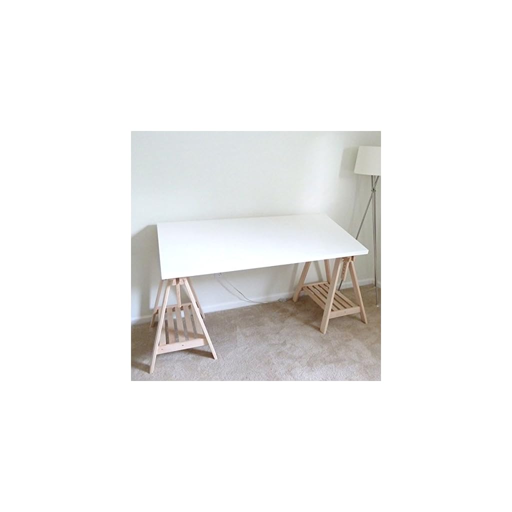 Ikea Linnmon White Desk Table 59x30" with 2 Beech Wood Brown Trestle
