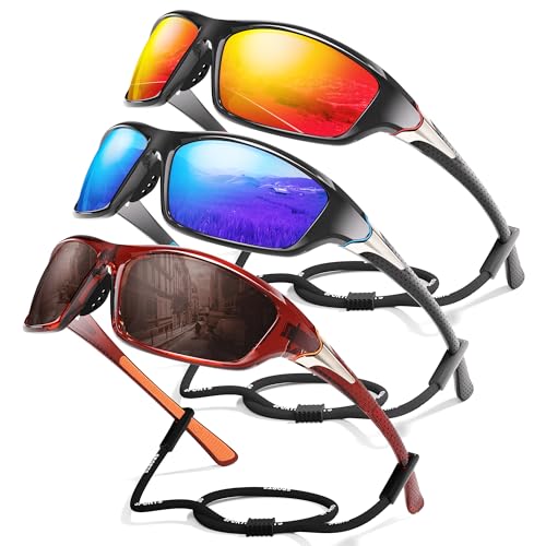 Foliful Polarisierte Sport-Sonnenbrille für Herren, UV400-Schutz, für Radfahren, Angeln, Fahren, Rot/Dunkelblau/Braun