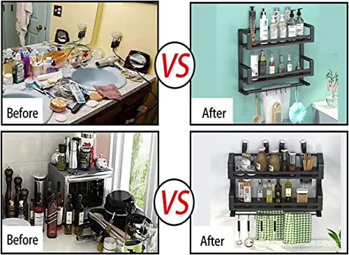 Spice Rack Organizer Wall Mounted 2 Tier, Floating Shelves Black, Wall Shelf for Bedroom, Wall Decor, Living Room, Kitchen Storage, Bathroom Shelves Over Toilet with Towel Rack Guardrail Holder Hook