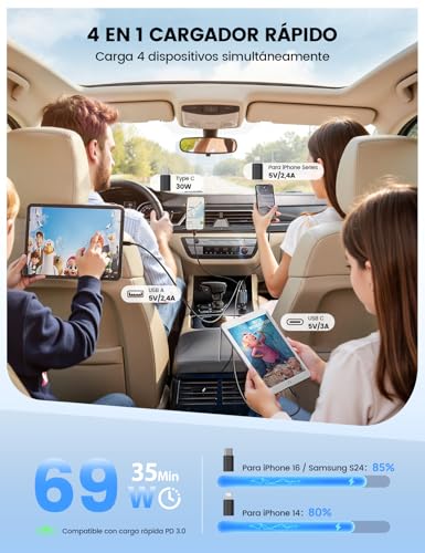 Lamicall 4 in 1 Retráctil Cargador para Auto – 69 W [Display de Voltaje] [50% Más Pequeño] Rápido Cargador para Carro, Puerto USB-C y USB-A, Compatible con iPhone 17/16/15/14/13/12, Galaxy, Airpods