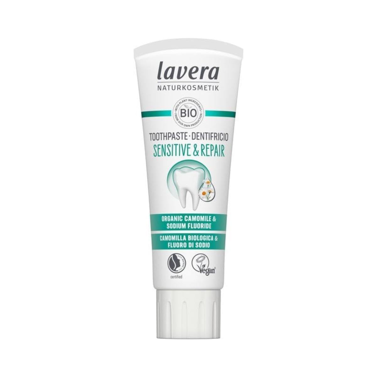 lavera Sensitive & Repair Toothpaste - Toothpaste with Organic Chamomile & Sodium Fluoride - Strengthens Tooth Enamel - Anti-inflammatory - 5-fold Protection & Repair - Vegan - Organic (1 x 75 ml)