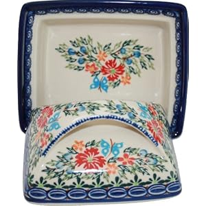Polish Pottery Ceramika Boleslawiec, 0352/238, Butter Dish Deep, 2 Cubes, Royal Blue Patterns with Red Cornflower and Blue Butterflies Motif
