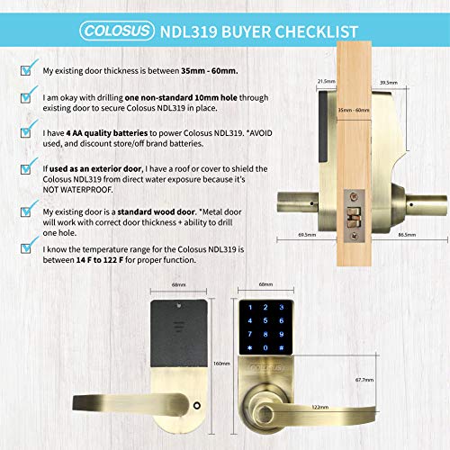 COLOSUS NDL319 Keyless Electronic Trusted Digital Smart Door Lock for Home & Office Security, Touchscreen - 50 User Codes + 4 Key Fobs + 1 Remote + 2 Keys (Gold) ... - Thumbnail 5