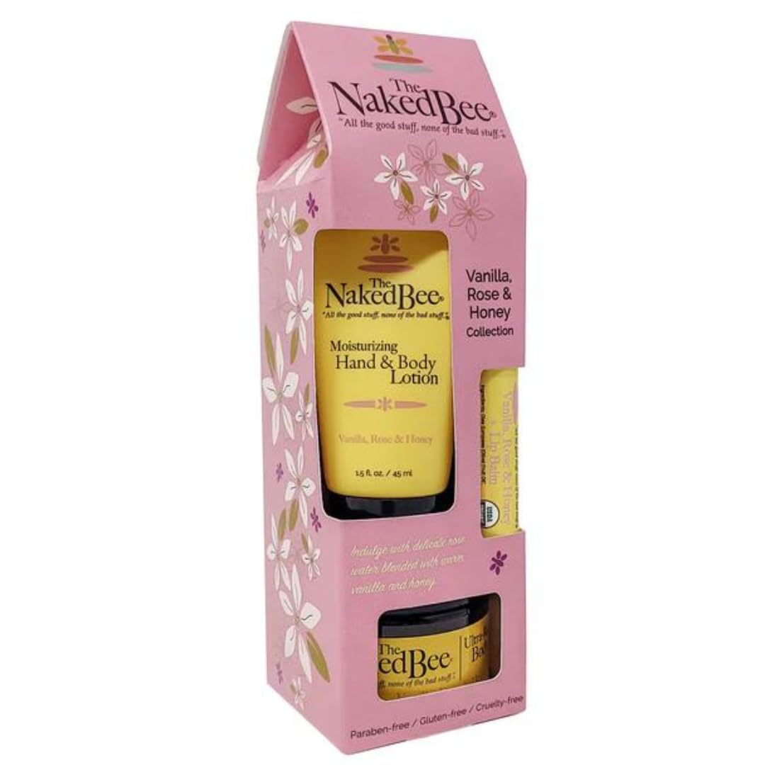 The Naked Bee Vanilla, Rose & Honey Gift Collection. Body Butter, Body Lotion & Lip Balm Gift Set. Moisturising Body Care & Body Skin Care Collection. Moisturising Body Skincare Womens Gift Sets.
