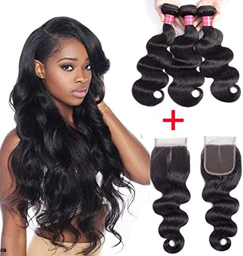 Geoyern Brazilian Body Wave 3 Bundles with Closure 10A Grade 100 Unprocessed Virgin Remy Human Hair Weave Weft with Middle Part 4×4 Swiss Lace Closure (18 20 22 with 18 closure) Natural Color