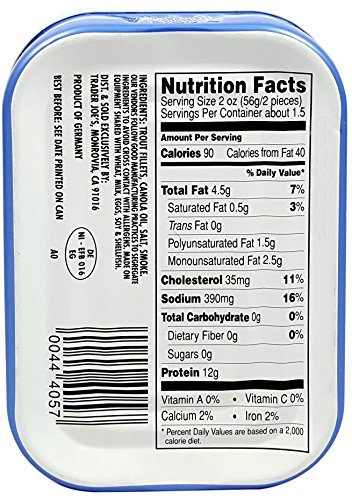 Smoked Trout Fillets in Oil, Skinless, (Pack of 6), 3.9 oz Tin - Trader Joe's