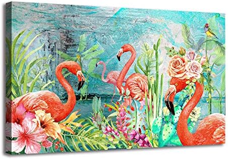 寝室用キャンバス壁アート 赤ピンクフラミンゴ バスルーム装飾 子供ギフト 緑植物 サボテンの花 北欧写真 鳥 ポスター プリントアートワーク バスルーム オフィス キッチン 壁装飾 24x36x1 Anadis Nl