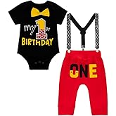 LENSOUS Baby Boys First Birthday Cake Smash Outfits Bowtie One Year Old Romper Pants Set