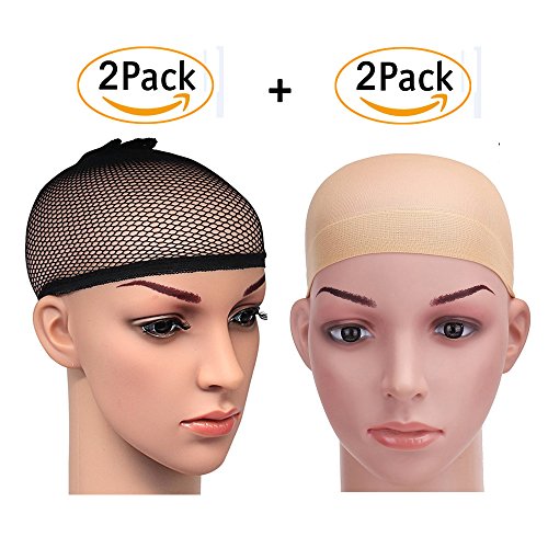 PrettyDate 4 Pack Elastic Wig Caps, Nylon Neutral Nude Beige and Open End Black Mesh Net Wig Cap