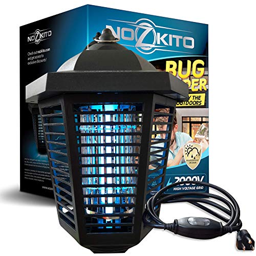Nozkito Bug Zapper Mosquito Killer - Powerful 2000V Grid for Outdoor Use. 6 Foot Power Cord with Rainproof On/Off Switch. Insect Trap UV Lamp. Great Lantern for Backyard, Patio, Porch and Garden