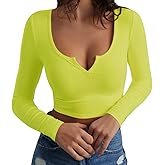 Artfish Women's Long Sleeve Scoop Neck V Notch Ribbed Slim Fitted Casual Basic Crop Top
