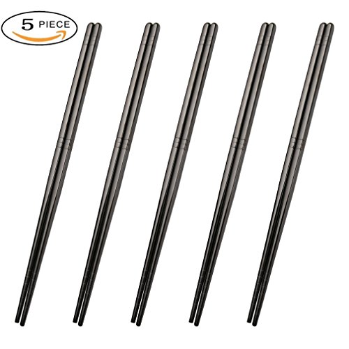 Nicecooker 9.05 Inches Long Lightweight Chopstick Set Reusable Classic Stylefor Kitchen Dinner 5 Pairs ,Metal Steel Chopstick Stainless Steel Chopsticks,Black