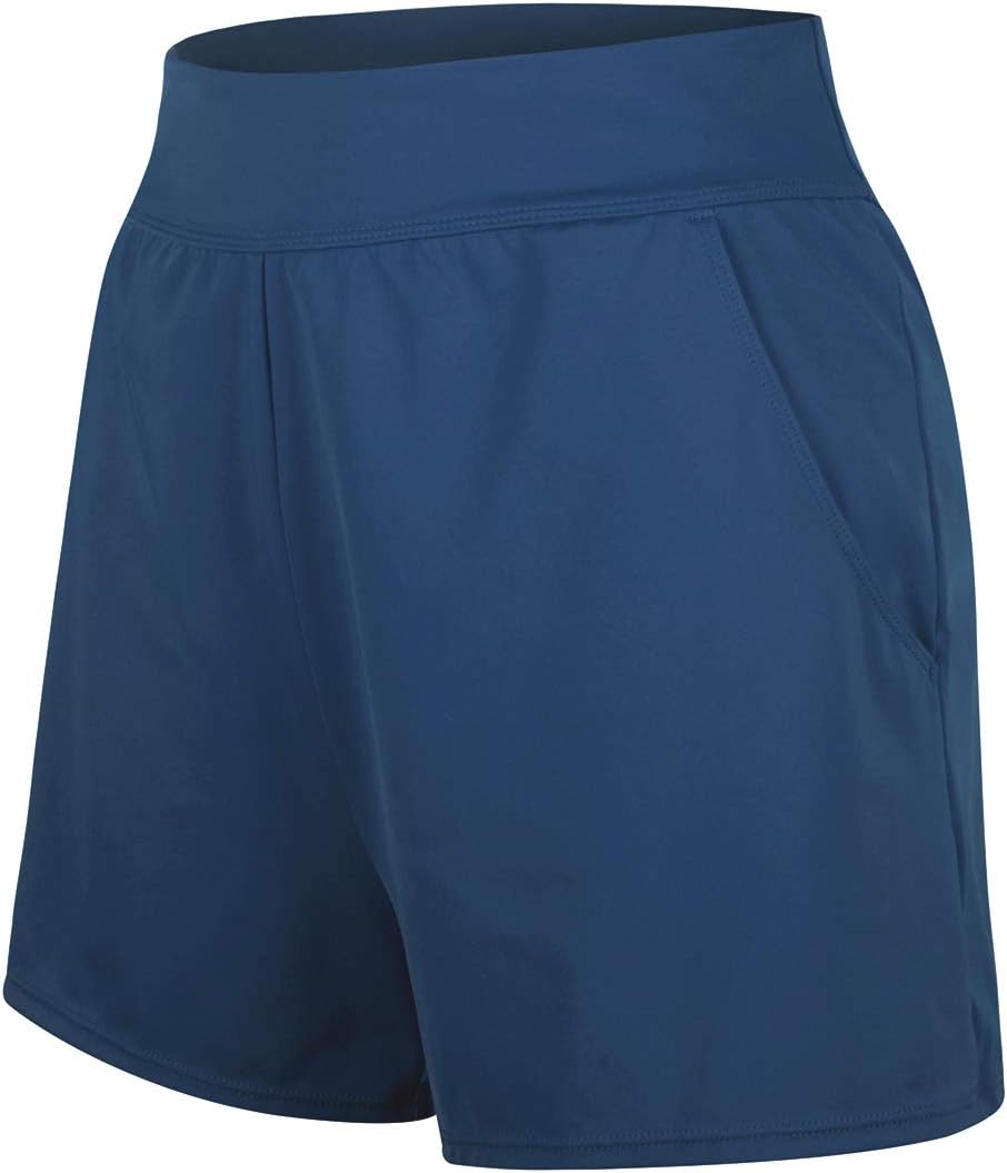 Women's Plus Size Solid Board Shorts Bikini Tankini Swimsuit Bottom Mid Waisted Swimwear with Briefs and Pocket